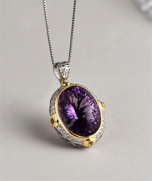 S925 Sterling Silver Pendant For Women Or Men New Fashion Noble Temperament Oval Natural Amethyst Yellow Crystal