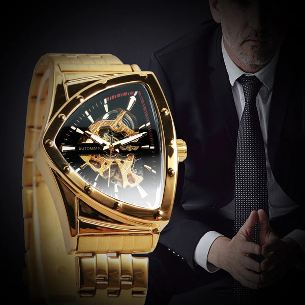 Triangle Skeleton Automatic Watch for Men Sports Luxury Mechanical Watches Gold Stainless Steel Strap Luminous