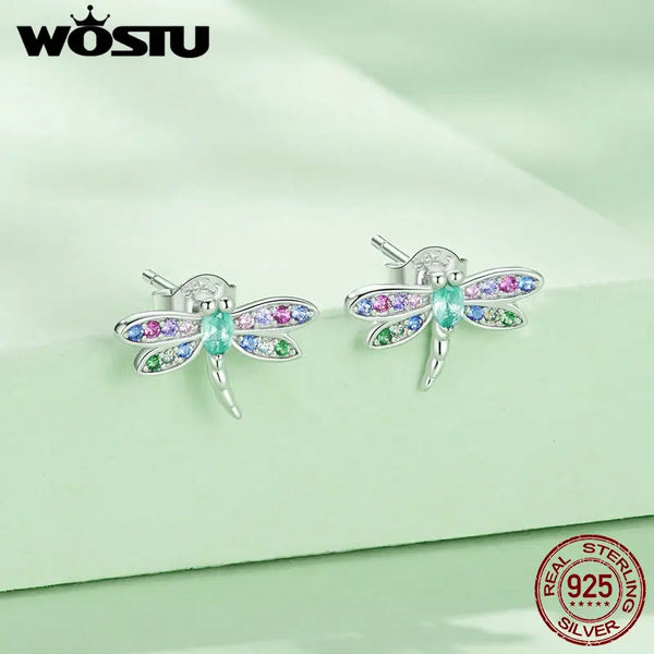 Rainbow CZ Dragonfly Butterfly Stud Earrings Cute Insec Studs Earrings