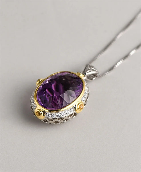 S925 Sterling Silver Pendant For Women Or Men New Fashion Noble Temperament Oval Natural Amethyst Yellow Crystal