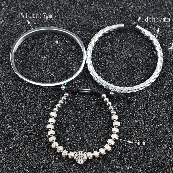 Luxury Set Green Eye Leopard Head Charm Handmade Unisex Bracelet Crystals Stainless Steel Bangles Jewelry