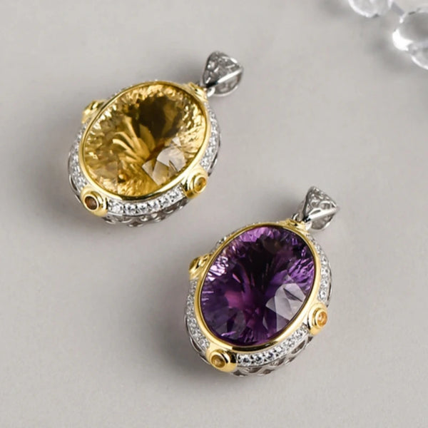 S925 Sterling Silver Pendant For Women Or Men New Fashion Noble Temperament Oval Natural Amethyst Yellow Crystal