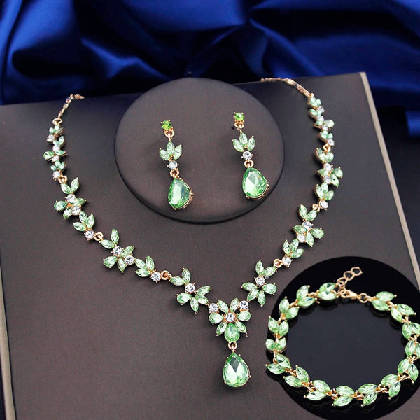 4 Pcs Lime Green Crown Jewelry Sets for Women Fashion Tiaras Bracelets Earrings and Necklace Sets Bride Wedding Accessories