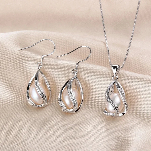 Natural Freshwater Pearl In Cage Pendant Necklace Drop Earrings & Pendant Jewelry Set for Women
