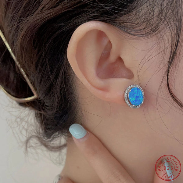 Sterling Silver Blue Opal Round Earrings 100% 925 Fashion High Quality Earrings Women's