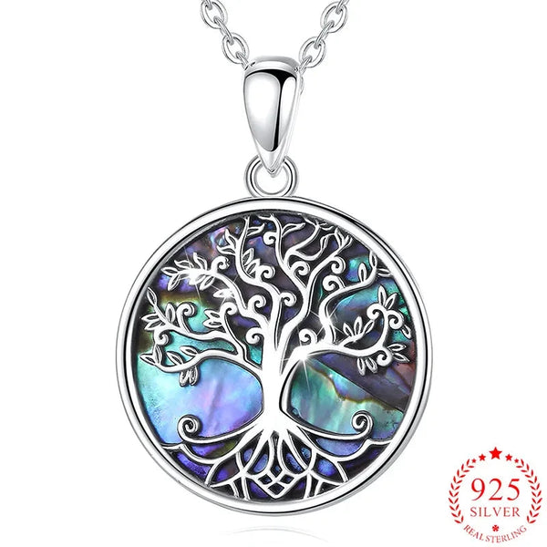 925 Sterling Silver Tree Of Life Pendant Necklace Abalone Shell Jewelry Elegant Fashion