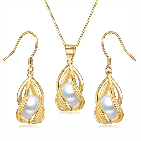 Natural Freshwater Pearl In Cage Pendant Necklace Drop Earrings & Pendant Jewelry Set for Women