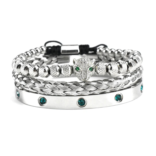 Luxury Set Green Eye Leopard Head Charm Handmade Unisex Bracelet Crystals Stainless Steel Bangles Jewelry