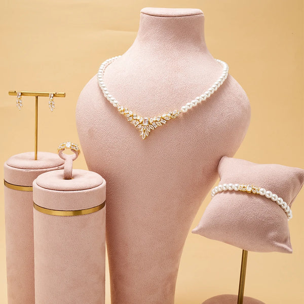 Women Pearl Necklace Sets Cubic Zirconia Jewelry Set Dubai Dinner Suit Party Engagement Handmade Jewelry Accessories