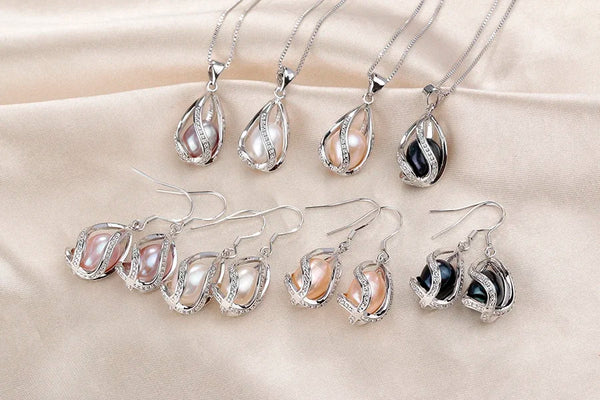 Natural Freshwater Pearl In Cage Pendant Necklace Drop Earrings & Pendant Jewelry Set for Women