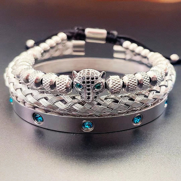 Luxury Set Green Eye Leopard Head Charm Handmade Unisex Bracelet Crystals Stainless Steel Bangles Jewelry