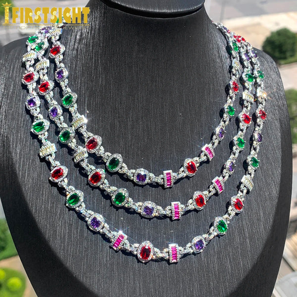 New Colour Oval Square Charm Necklace Silver Color Iced Out Cubic Zircon Cuban Chain Choker Women & Men Fashion Hip Hop Jewelry