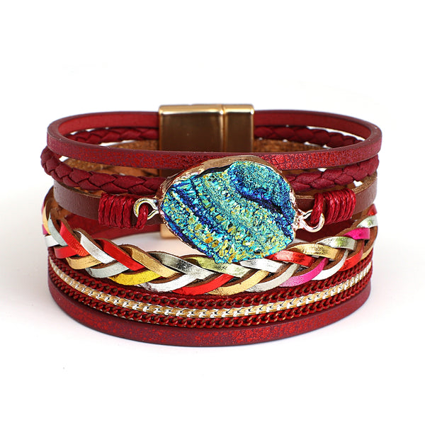 Colorful Stone Leather Boho Bracelet For Women Or Men Vintage Jewelry Charms Multilayer Braided Wide Wrap Bracelets Bangles
