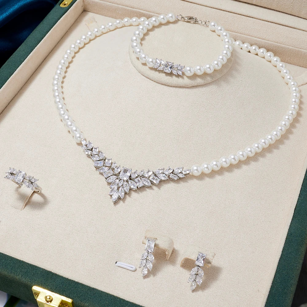 Women Pearl Necklace Sets Cubic Zirconia Jewelry Set Dubai Dinner Suit Party Engagement Handmade Jewelry Accessories