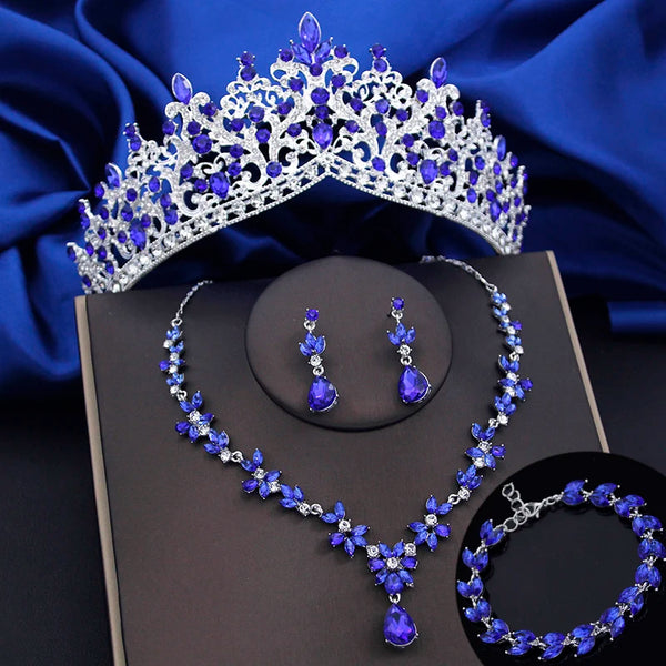 4 Pcs Lime Green Crown Jewelry Sets for Women Fashion Tiaras Bracelets Earrings and Necklace Sets Bride Wedding Accessories