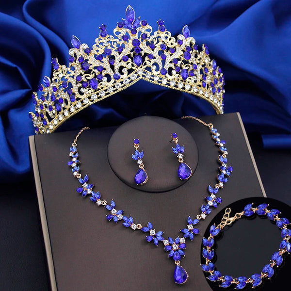 4 Pcs Lime Green Crown Jewelry Sets for Women Fashion Tiaras Bracelets Earrings and Necklace Sets Bride Wedding Accessories