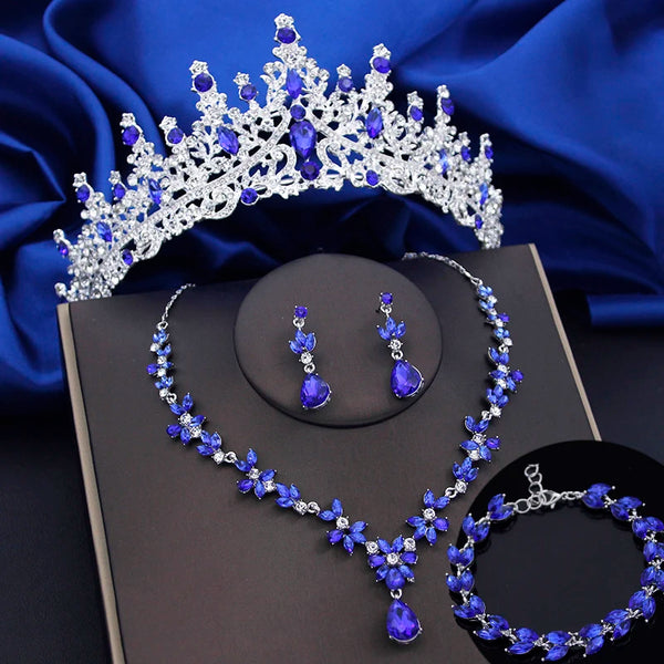 4 Pcs Lime Green Crown Jewelry Sets for Women Fashion Tiaras Bracelets Earrings and Necklace Sets Bride Wedding Accessories