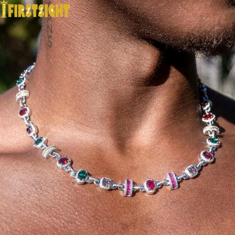 New Colour Oval Square Charm Necklace Silver Color Iced Out Cubic Zircon Cuban Chain Choker Women & Men Fashion Hip Hop Jewelry