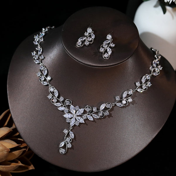 Sparkling AAA Cubic Zircon Bridal Jewelry Set Flower Necklace Earrings For Women Wedding Dress Jewelry Set Aaccessories X0315