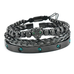 Luxury Set Green Eye Leopard Head Charm Handmade Unisex Bracelet Crystals Stainless Steel Bangles Jewelry