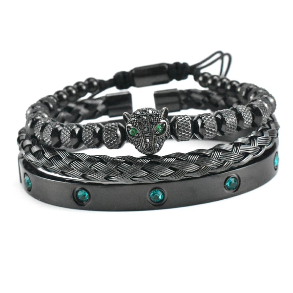 Luxury Set Green Eye Leopard Head Charm Handmade Unisex Bracelet Crystals Stainless Steel Bangles Jewelry
