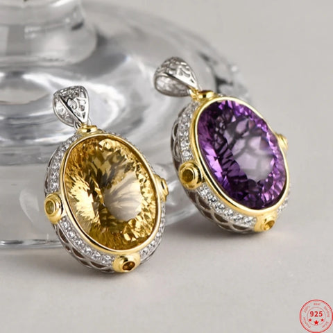 S925 Sterling Silver Pendant For Women Or Men New Fashion Noble Temperament Oval Natural Amethyst Yellow Crystal