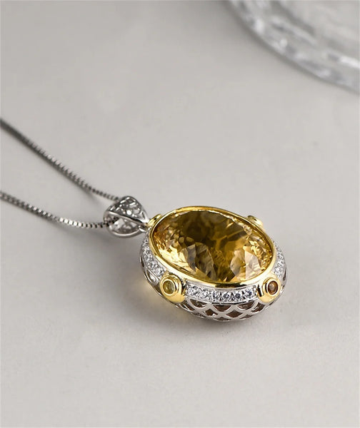 S925 Sterling Silver Pendant For Women Or Men New Fashion Noble Temperament Oval Natural Amethyst Yellow Crystal