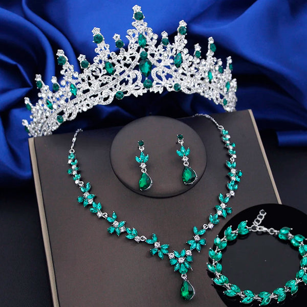 4 Pcs Lime Green Crown Jewelry Sets for Women Fashion Tiaras Bracelets Earrings and Necklace Sets Bride Wedding Accessories
