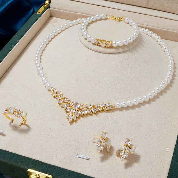 Women Pearl Necklace Sets Cubic Zirconia Jewelry Set Dubai Dinner Suit Party Engagement Handmade Jewelry Accessories