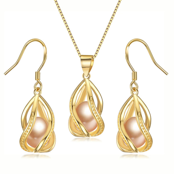 Natural Freshwater Pearl In Cage Pendant Necklace Drop Earrings & Pendant Jewelry Set for Women