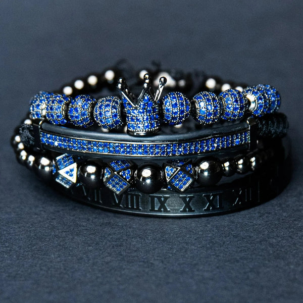 Bracelets 4/Set Black Crown with Roman numeral  8MM Colored Cubic Micro Pave CZ Ball Charm Braided Braiding Man Luxury Jewelry