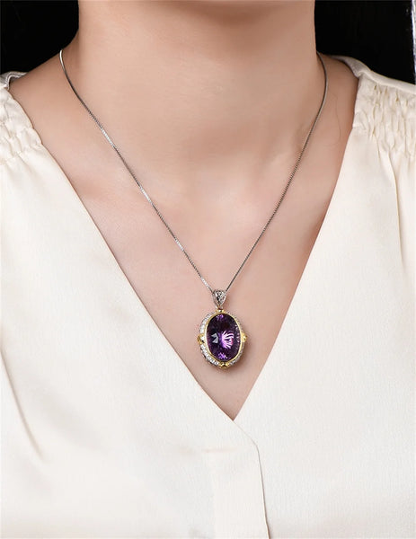 S925 Sterling Silver Pendant For Women Or Men New Fashion Noble Temperament Oval Natural Amethyst Yellow Crystal