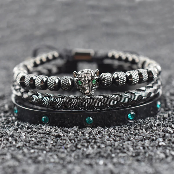 Luxury Set Green Eye Leopard Head Charm Handmade Unisex Bracelet Crystals Stainless Steel Bangles Jewelry