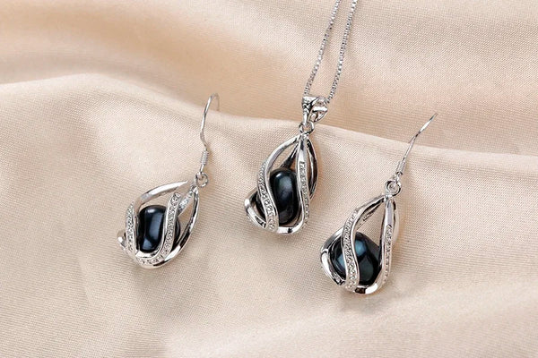 Natural Freshwater Pearl In Cage Pendant Necklace Drop Earrings & Pendant Jewelry Set for Women