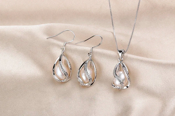Natural Freshwater Pearl In Cage Pendant Necklace Drop Earrings & Pendant Jewelry Set for Women