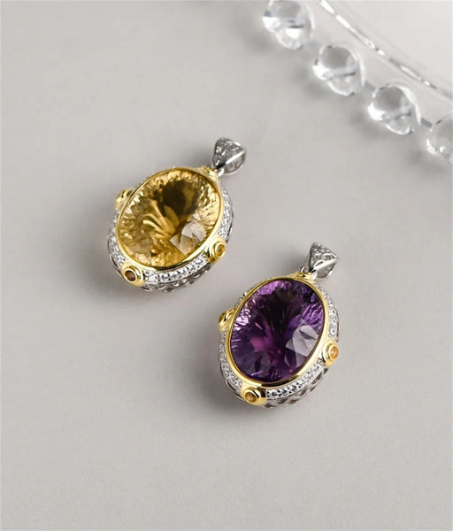 S925 Sterling Silver Pendant For Women Or Men New Fashion Noble Temperament Oval Natural Amethyst Yellow Crystal