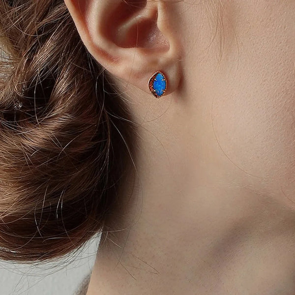 Solid 925 Sterling Silver Stud Earrings For Women Synthetic Japanese Blue Opal Marquise Vintage