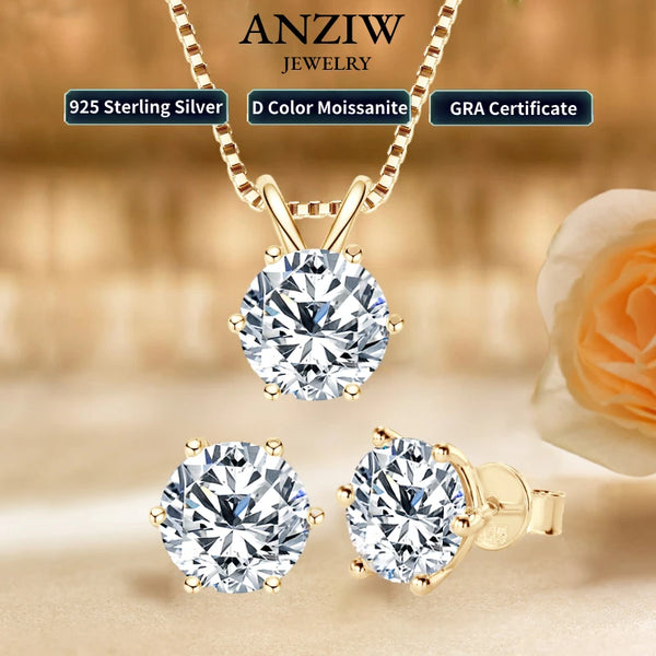 18K Gold Plated Jewelry Set 3.0ctw D Color Moissanite for Women Men Real 925 Silver Stud Earrings Pendant Necklace