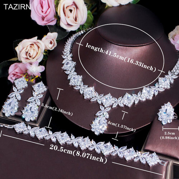 TAZIRN Cubic Zirconia Wedding Bride Floral Jewelry Set For Women 2PCS/4PCS CZ Necklace Earrings Dubai Nigeria Crystal Choker Set