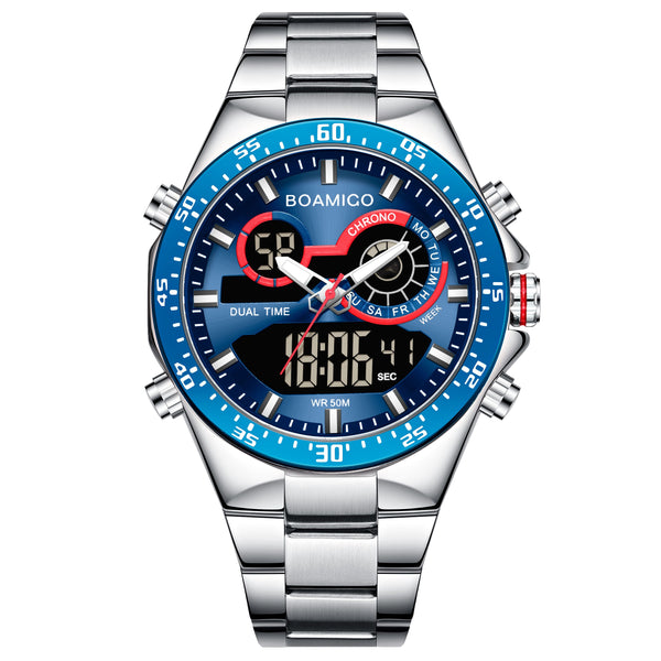 Men's Fashion Watches Stainless Steel Top Brand Luxury Sports Digital Analog Blue Quartz Watch