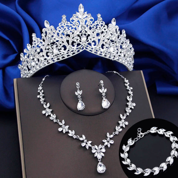4 Pcs Lime Green Crown Jewelry Sets for Women Fashion Tiaras Bracelets Earrings and Necklace Sets Bride Wedding Accessories