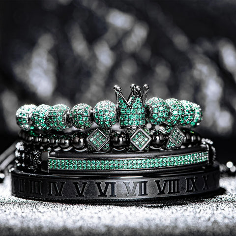 Bracelets 4/Set Black Crown with Roman numeral  8MM Colored Cubic Micro Pave CZ Ball Charm Braided Braiding Man Luxury Jewelry