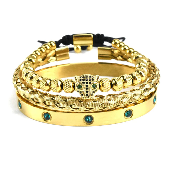 Luxury Set Green Eye Leopard Head Charm Handmade Unisex Bracelet Crystals Stainless Steel Bangles Jewelry