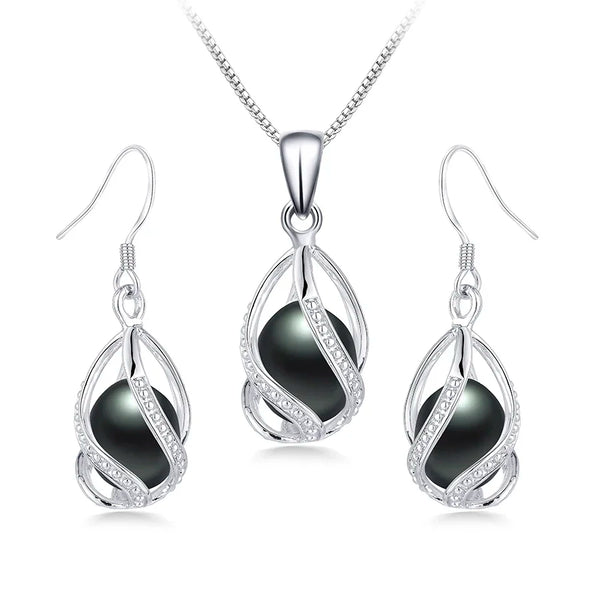 Natural Freshwater Pearl In Cage Pendant Necklace Drop Earrings & Pendant Jewelry Set for Women