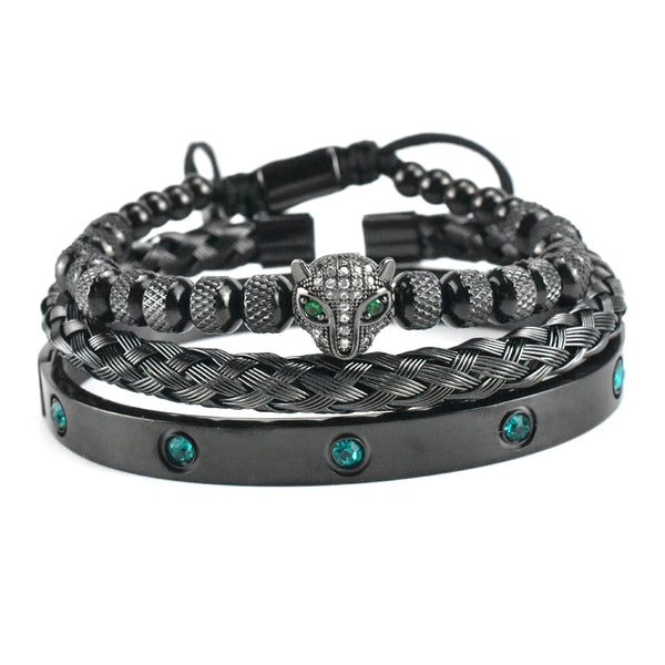 Luxury Set Green Eye Leopard Head Charm Handmade Unisex Bracelet Crystals Stainless Steel Bangles Jewelry