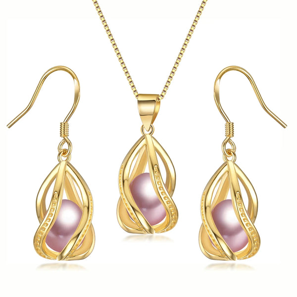 Natural Freshwater Pearl In Cage Pendant Necklace Drop Earrings & Pendant Jewelry Set for Women