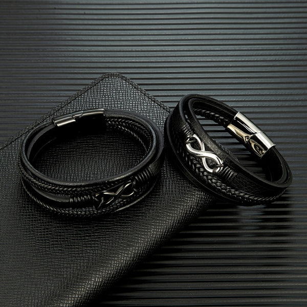 Classic Men & Women's Infinity Bracelet Woven Multilayer Braided Leather Bracelets Black Stainless Steel Jewelry Gifts