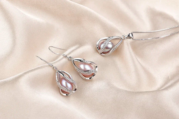 Natural Freshwater Pearl In Cage Pendant Necklace Drop Earrings & Pendant Jewelry Set for Women