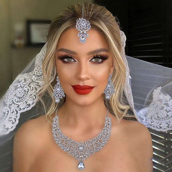 Dubai Jewelry Set Earring for Women Bridal Accessories Wedding Necklace Indian Bridal Jewelry Crystal Forehead Headdress