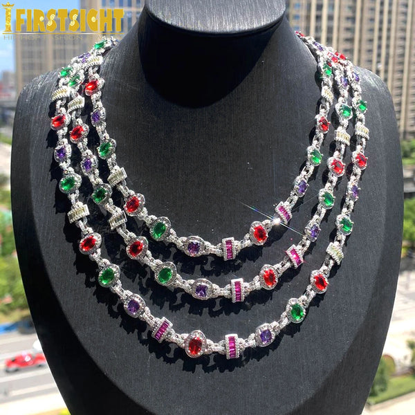 New Colour Oval Square Charm Necklace Silver Color Iced Out Cubic Zircon Cuban Chain Choker Women & Men Fashion Hip Hop Jewelry
